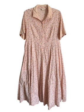 April Cornell Pink Floral Shirt Waist Midi Dress Tie Waist Feminine XL Crochet